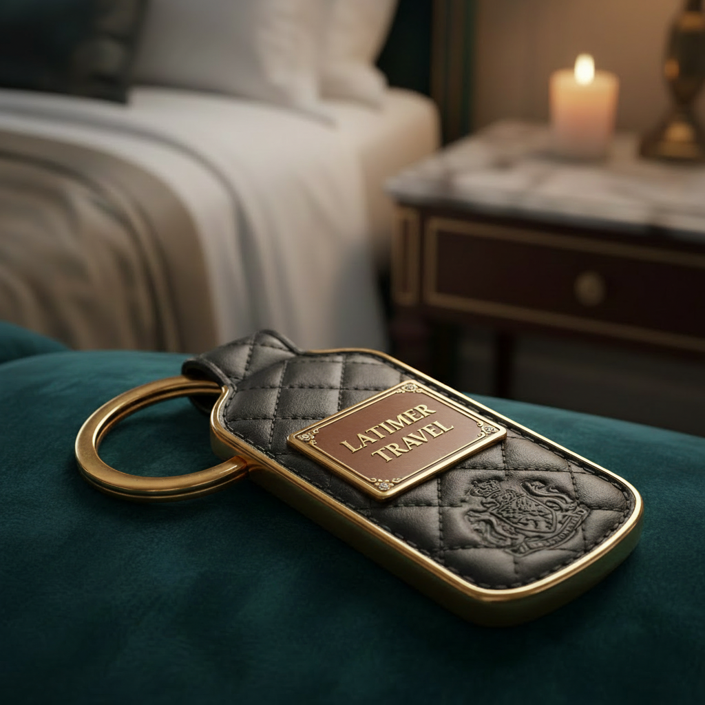A close-up of a luxurious leather luggage tag on a suitcase, featuring the text 'LATIMER TRAVEL' in an elegant, high-end typeface, matching the original image style.
